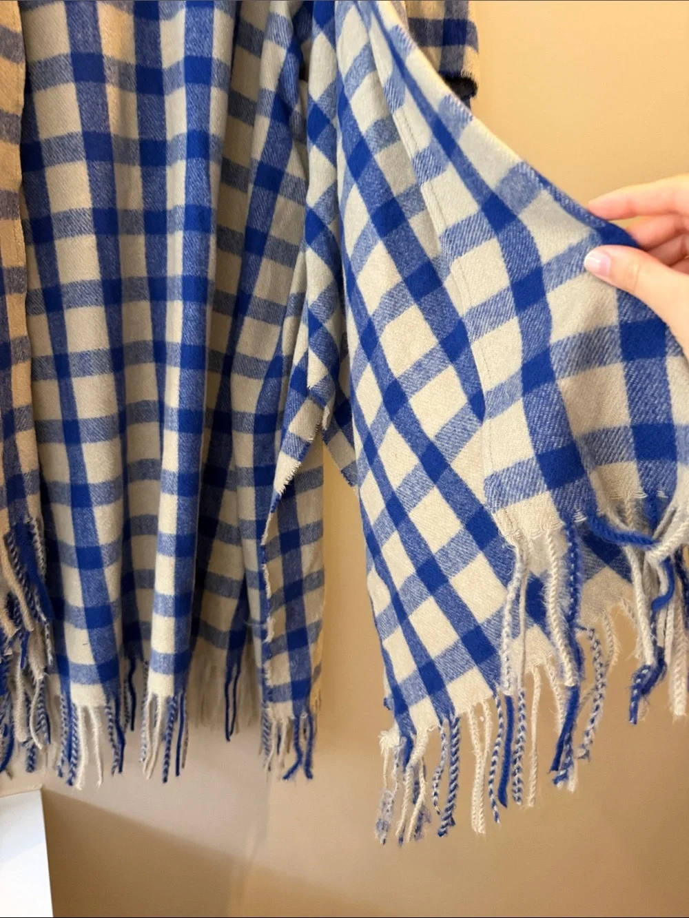 A New Day Buffalo Check Plaid Fringe Ruana Wrap in Blue, One Size NWT